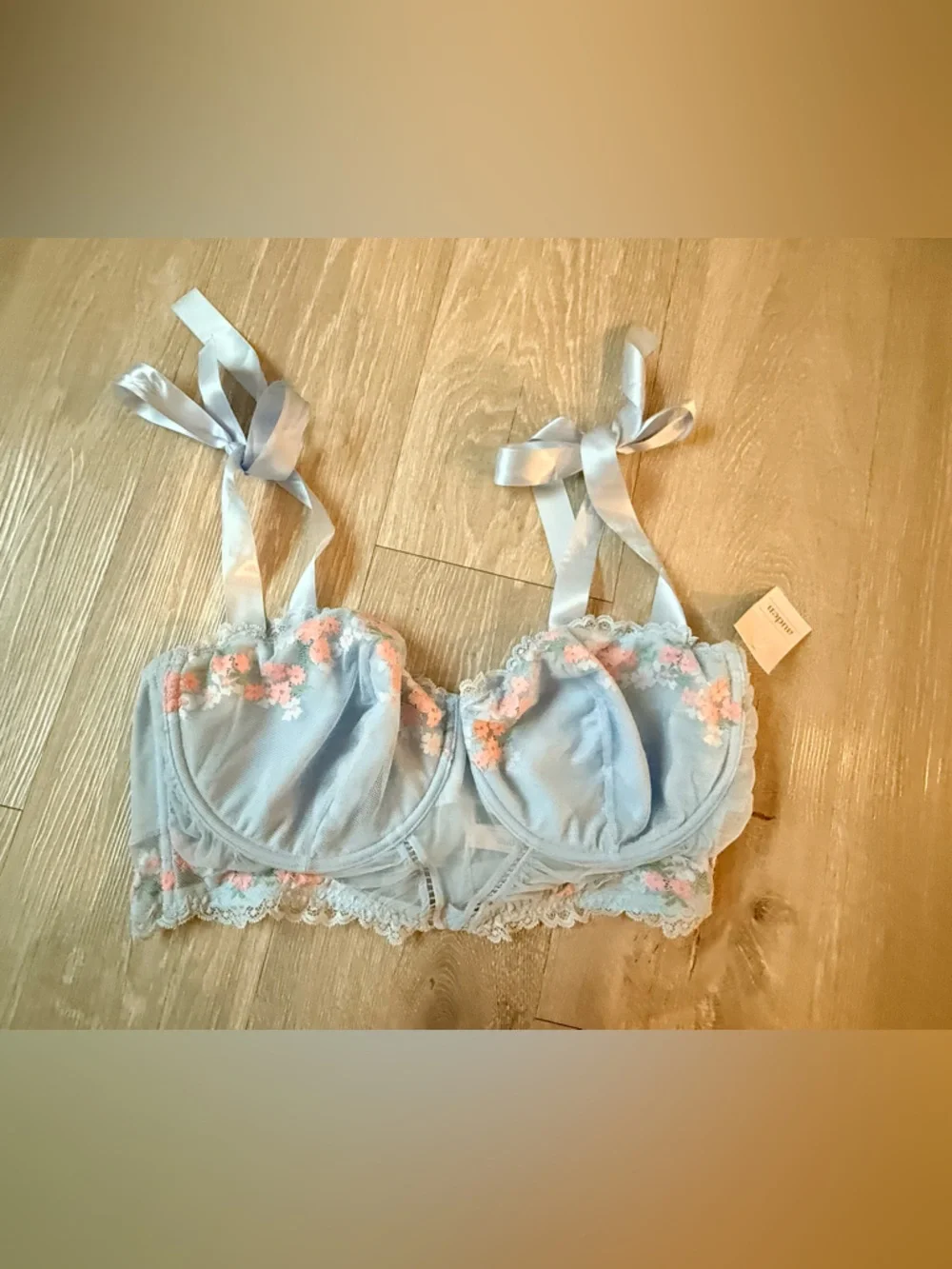 Light Blue Floral Lace Balconette Bra with Ribbon Straps - Picture 2 of 11
